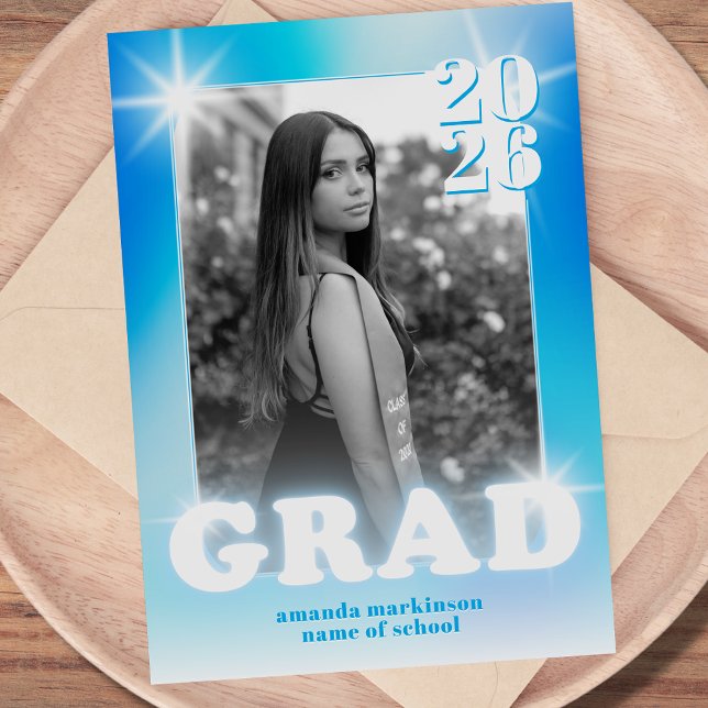 Retro Y2K Cyber Blue Neon Photo Graduation Announcement (Creator Uploaded)