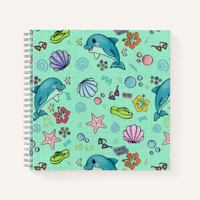 Retro Y2K Dolphin & Beach Day Notebook (Front)