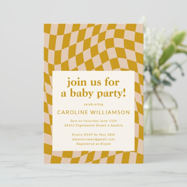Retro Yellow Abstract Checkerboard Baby Shower Invitation (Standing Front)