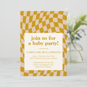Retro Yellow Abstract Checkerboard Baby Shower Invitation