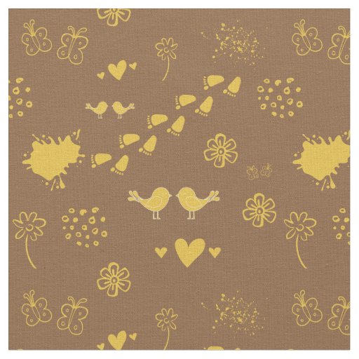 Retro yellow and brown pattern of birds, dot fabric