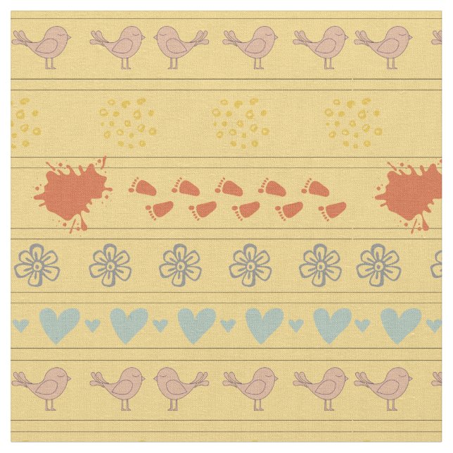 Retro yellow and colorful pattern of birds, fabric (Close Up)