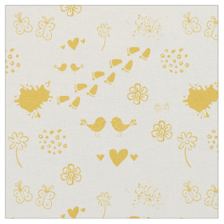 Retro yellow and cream pattern of birds, dots, fabric