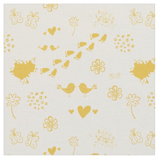 Retro yellow and cream pattern of birds, dots, fabric