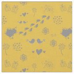 Retro yellow and gray pattern of birds, dots, foo fabric