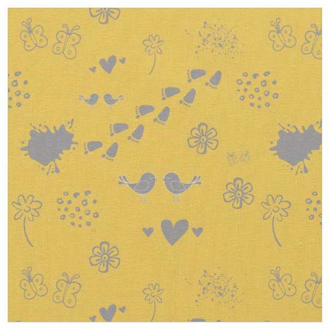Retro yellow and gray pattern of birds, dots, foo fabric (Close Up)