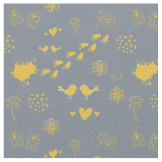 Retro yellow and gray pattern of birds, dots, foot fabric