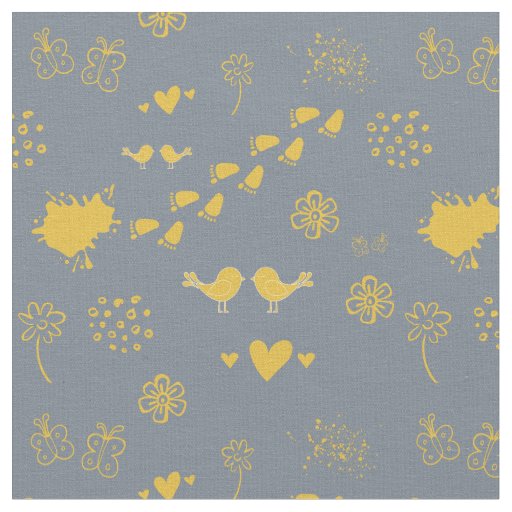 Retro yellow and gray pattern of birds, dots, foot fabric