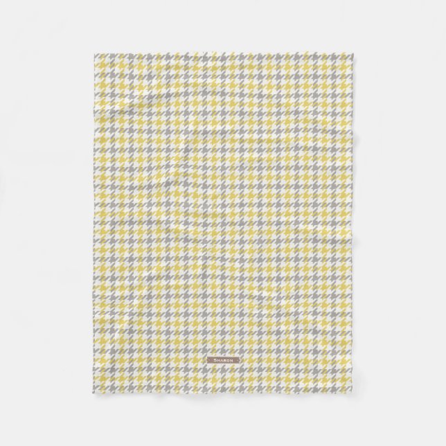 Retro yellow and grey houndstooth plaid pattern fleece blanket (Front)