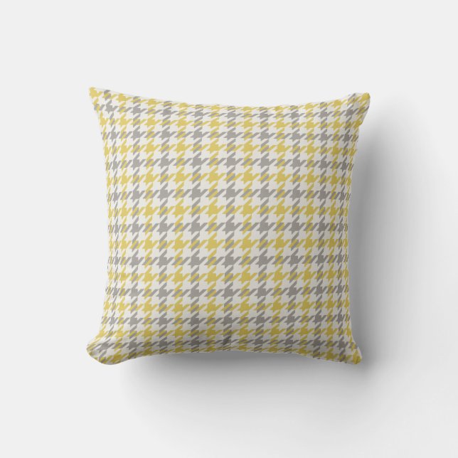 Retro yellow and grey houndstooth plaid pattern throw pillow (Front)
