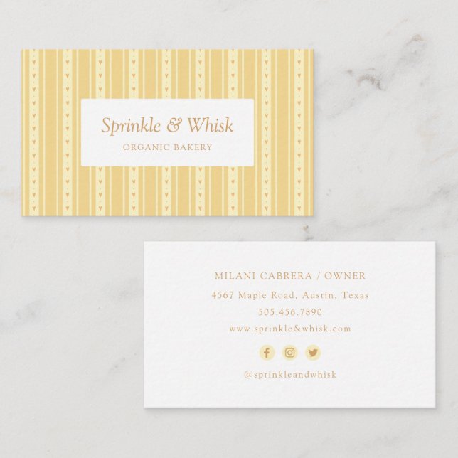 Retro Yellow And Orange Heart Stripes Bakery Business Card (Front/Back)