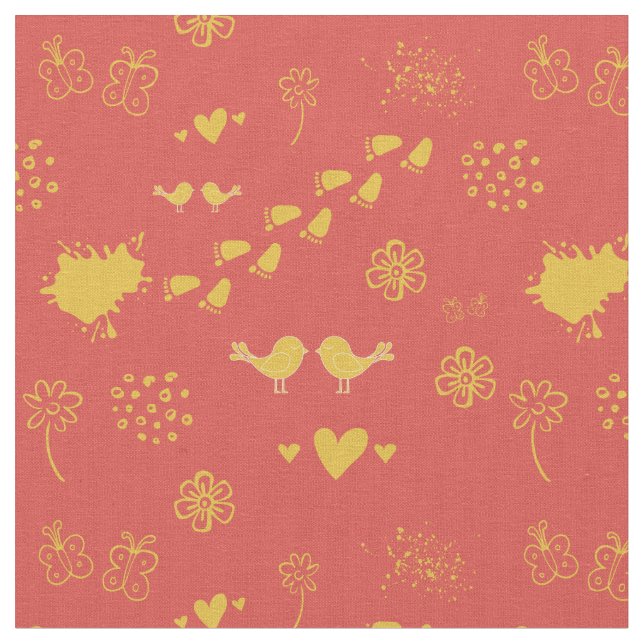 Retro yellow and red pattern of birds, dots, foot fabric (Close Up)
