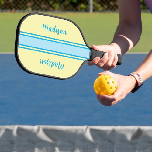 Retro Yellow and Sky Blue Striped _ Monogrammed  Pickleball Paddle