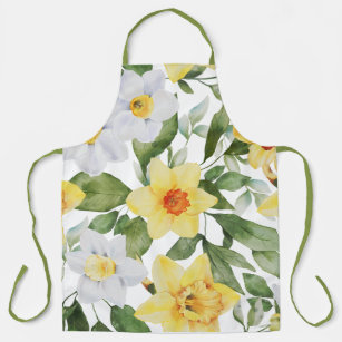 Retro Yellow and White Daffodil Floral Print Apron