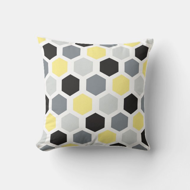 Retro Yellow, Black & Gray Hexagon Pattern Throw Pillow (Front)