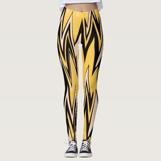 Retro Yellow, Black Zigzap Abstract Art Deco Leggings (Front)