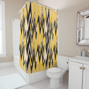 Retro Yellow, Black Zigzap Abstract Art Deco Shower Curtain
