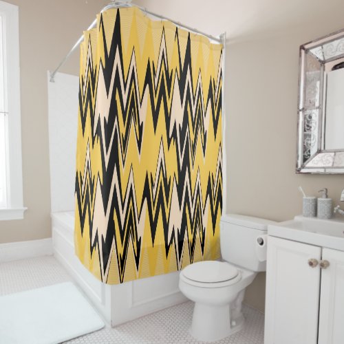 Retro Yellow Black Zigzap Abstract Art Deco Shower Curtain