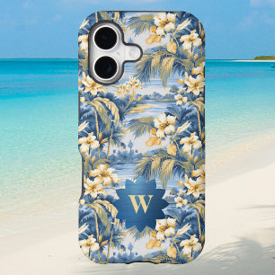 Retro Yellow Blue Floral n Tropical Palms Initial  iPhone 17 Case