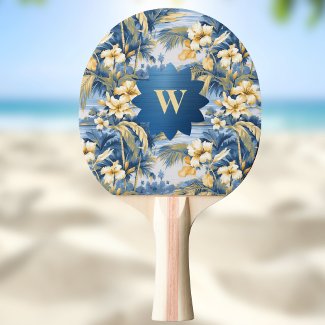 Retro Yellow Blue Floral n Tropical Palms Initial 
