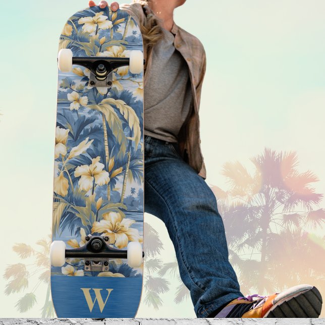Retro Yellow Blue Floral n Tropical Palms Initial  Skateboard (Creator Uploaded)