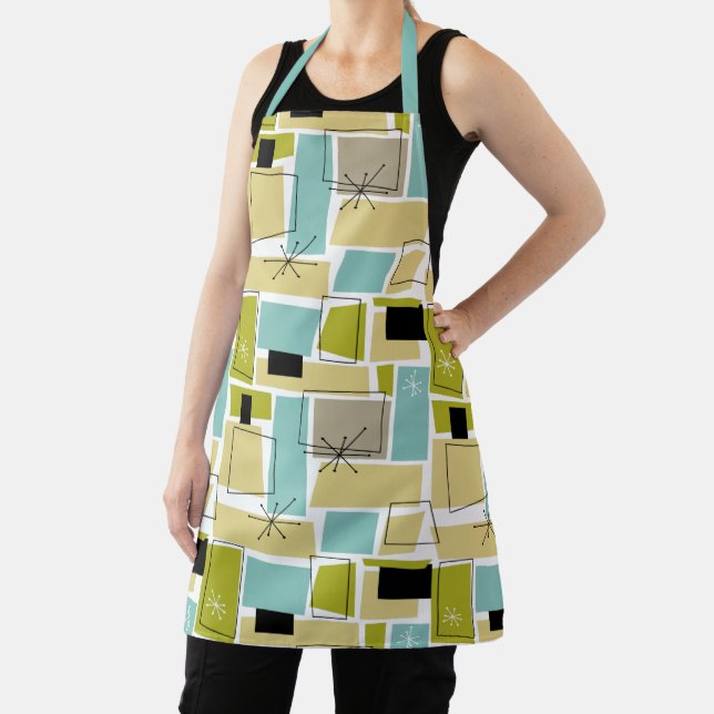 Retro Yellow Blue Squares Starburst Mid Century Apron (Insitu)