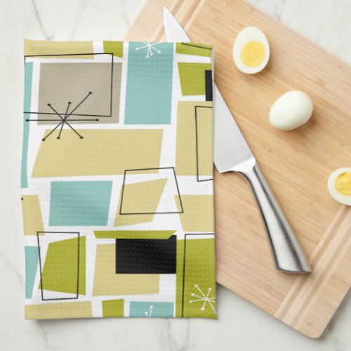 Retro Yellow Blue Squares Starburst Mid_century Kitchen Towel