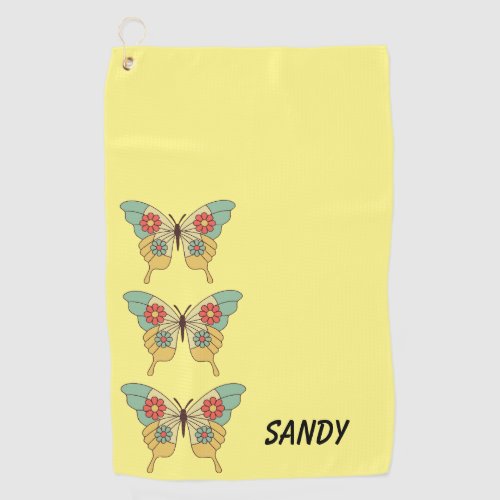  Retro Yellow Boho Butterfly Personalized Womens  Golf Towel