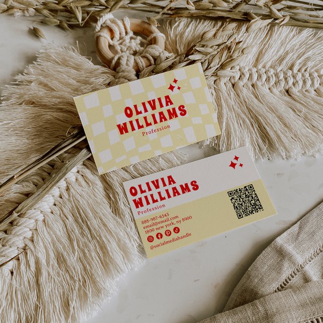 Retro Yellow Bold Groovy Checkered Funky QR Code Business Card (Creator Uploaded)