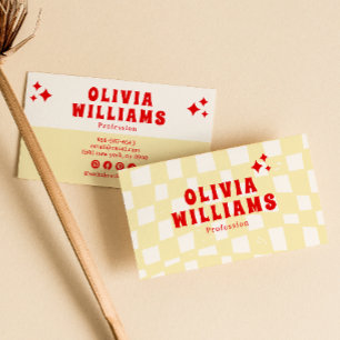 Retro Yellow Bold Groovy Checkered Funky Trendy Business Card