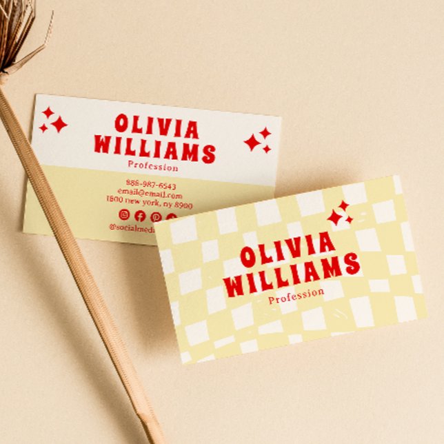 Retro Yellow Bold Groovy Checkered Funky Trendy Business Card (Creator Uploaded)