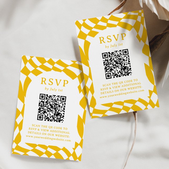 Retro Yellow Checkerboard QR Code Wedding RSVP Card (Creator Uploaded)