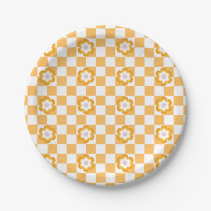 Retro Yellow Checkered and Flower Party Plates