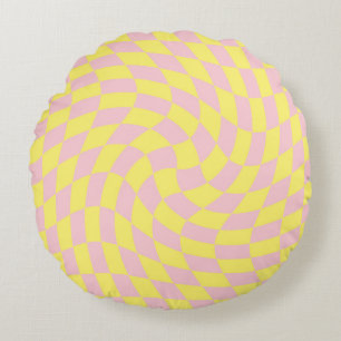 Retro Yellow Checks Warped Checkered Dorm Room  Round Pillow
