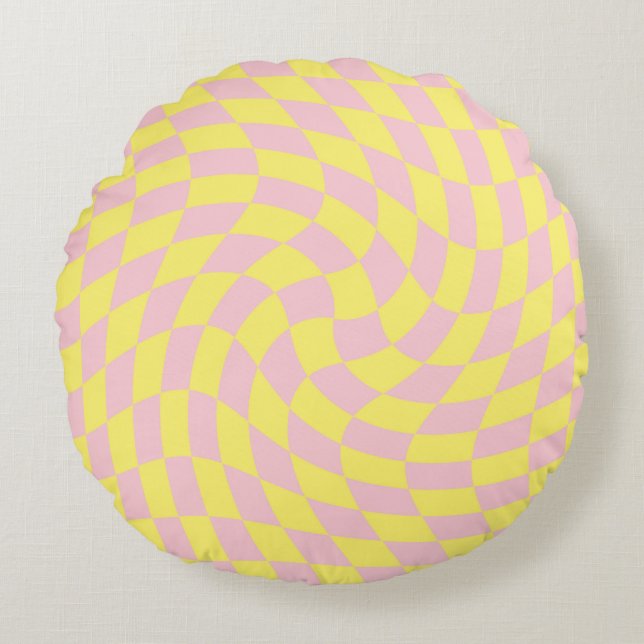 Retro Yellow Checks Warped Checkered Dorm Room  Round Pillow (Front)
