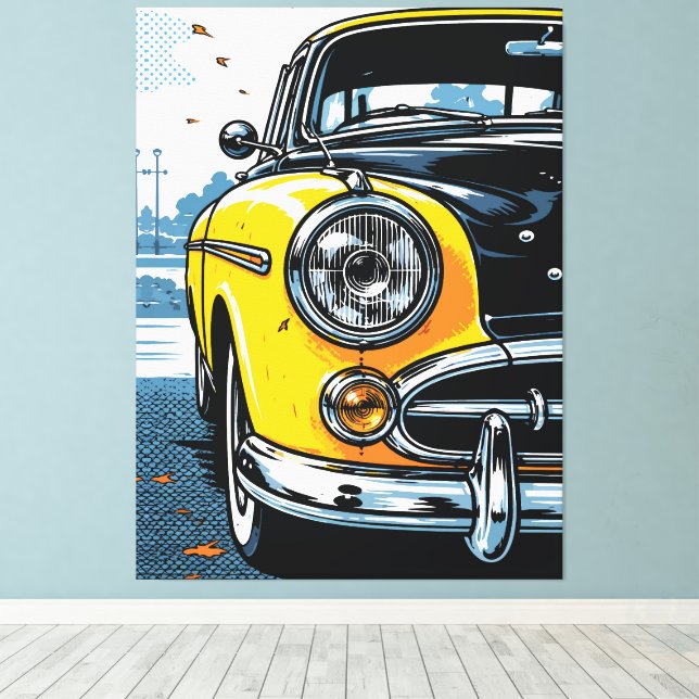 Retro Yellow Classic Car Front Pop Art Canvas Print (Insitu(Wood Floor))