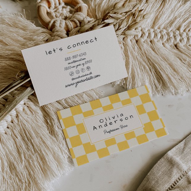 Retro yellow Cream Wavy Checkered Boho Pastel Business Card (Creator Uploaded)