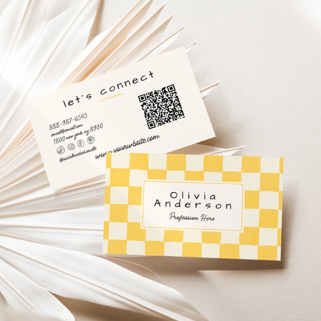 Retro yellow Cream Wavy Checkered Pastel QR Code Business Card (Creator Uploaded)