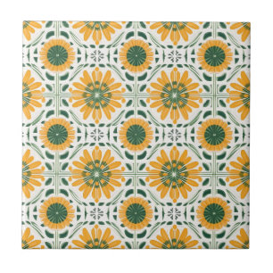 Retro Yellow Daisy Flower Green pattern Ceramic Tile