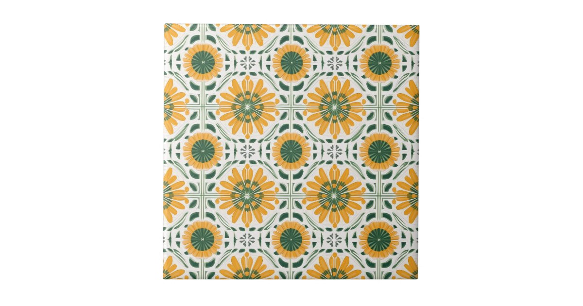 Retro Yellow Daisy Flower Green pattern Ceramic Tile | Zazzle
