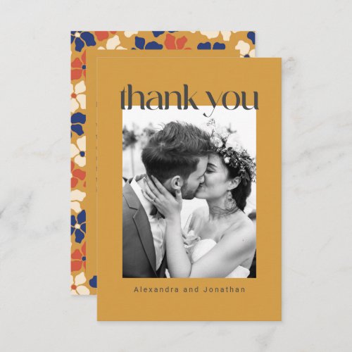 Retro Yellow Floral Custom Message Photo Wedding Thank You Card