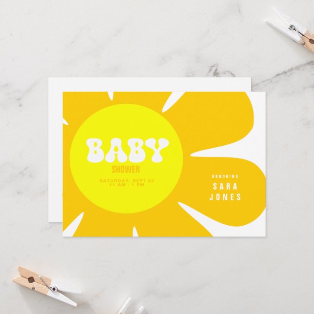 Retro Yellow Flower Baby Shower Invitation (Front/Back In Situ)