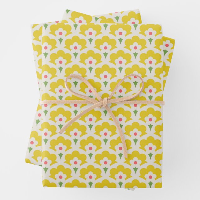 Retro Yellow Flower Garden Pattern Wrapping Paper Sheets (In situ)