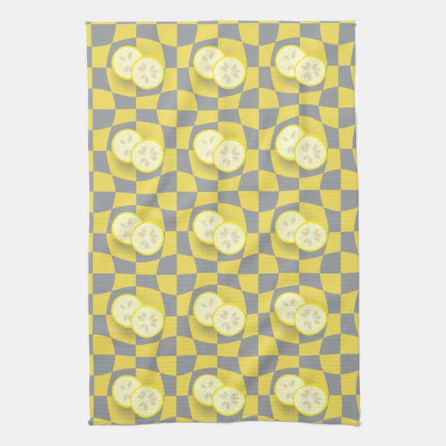 Retro Yellow Gray Lemon Slices Fruit Pattern Kitchen Towel (Vertical)