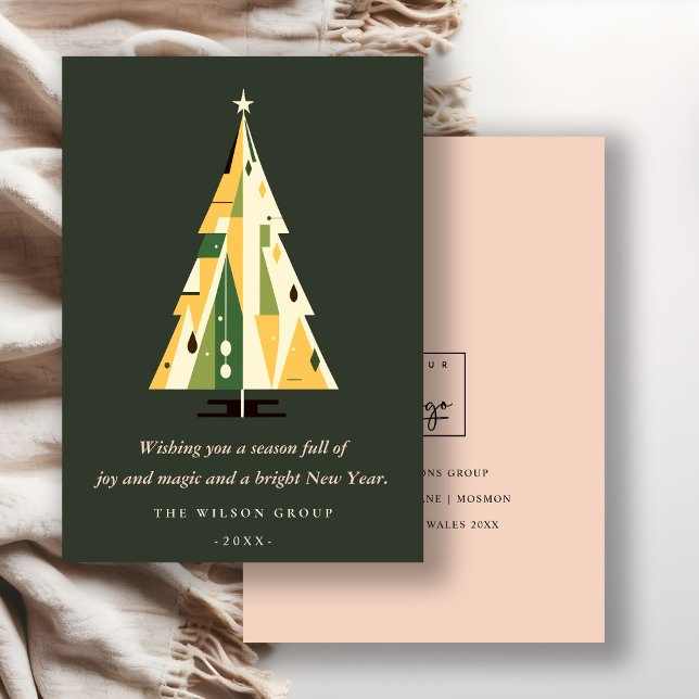 Retro Yellow Green Christmas Tree Business Logo Holiday Card (Creator Uploaded)