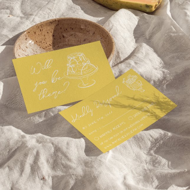 Retro Yellow  Hand Drawn Cake Floral Wedding RSVP Card (Creator Uploaded)