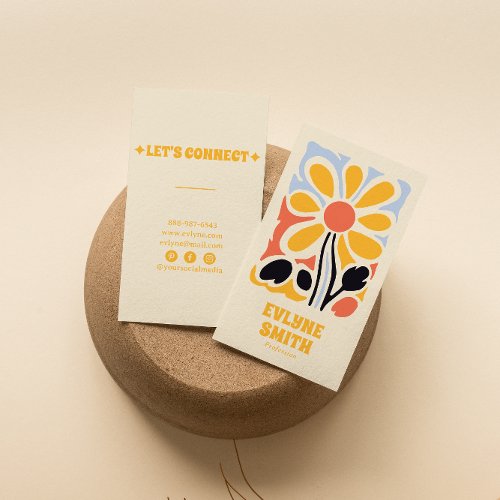 Retro Yellow Hand Drawn Groovy Floral Trendy  Business Card