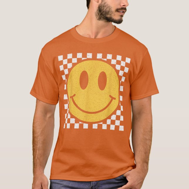 Retro Yellow Happy Face Checkered Pattern Smile Fa T-Shirt (Front)