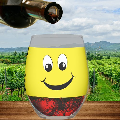Retro Yellow Happy Face With Smile Monogram Name Stemless Wine Glass