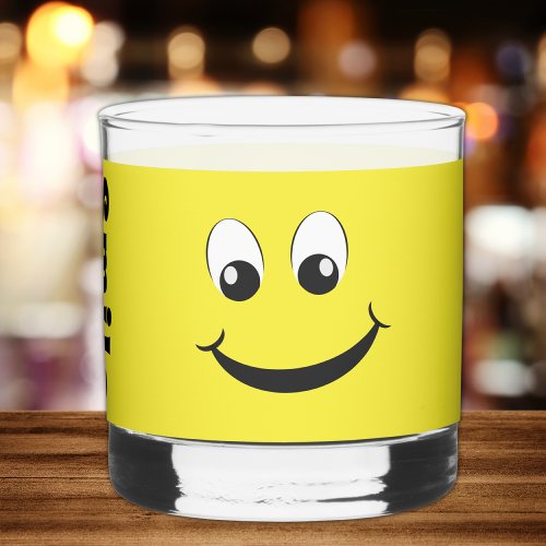 Retro Yellow Happy Face With Smile Monogram Name Whiskey Glass